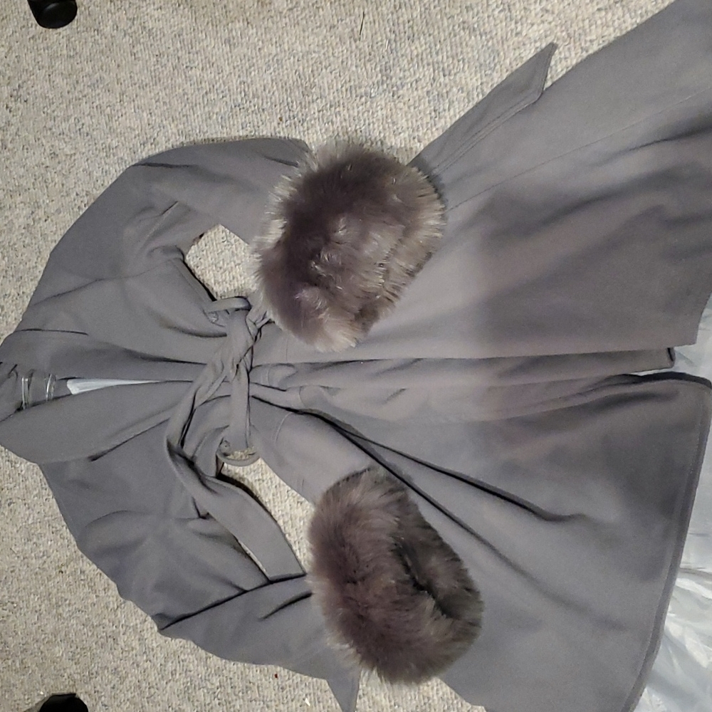 New, long grey coat with fishtail hem and mink muffs...lined